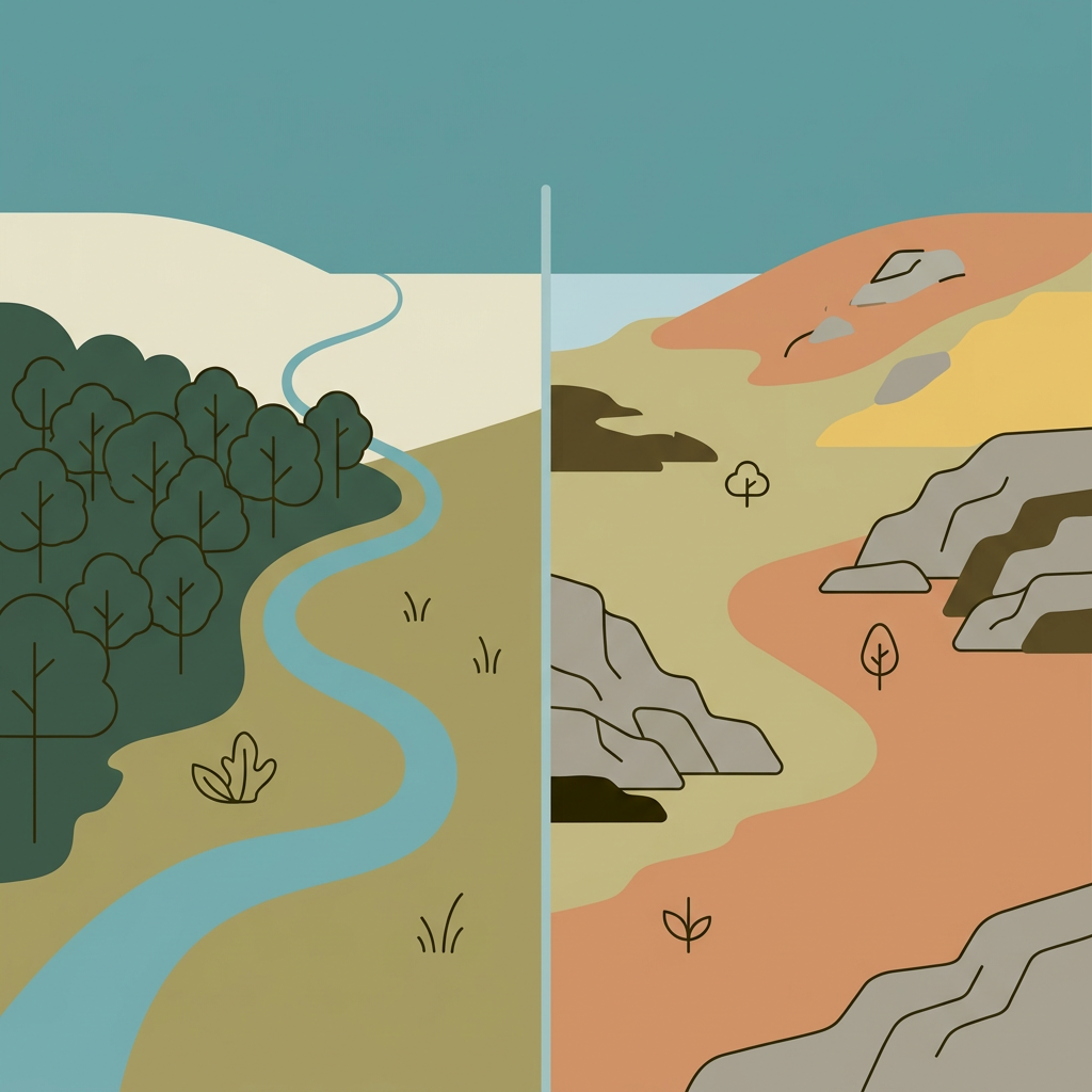Flat vector illustration of two adjacent valleys with the same sky but different ecosystems — oak woodland on one side, heather moorland on the other — illustrating place as source.