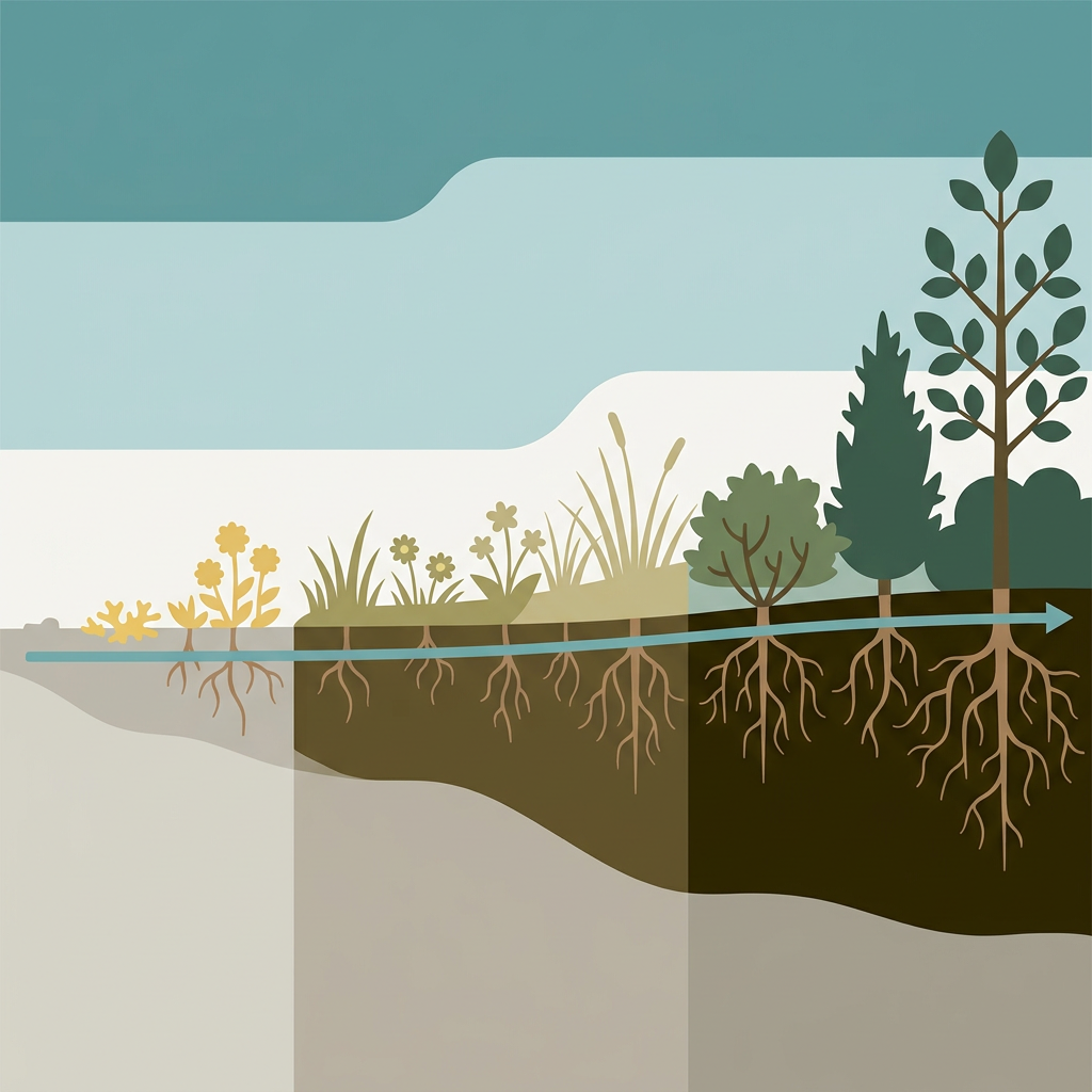 Flat vector cross-section showing ecological succession from bare mineral soil through pioneer plants, grasses, and into young trees, with soil profile thickening across the sequence.
