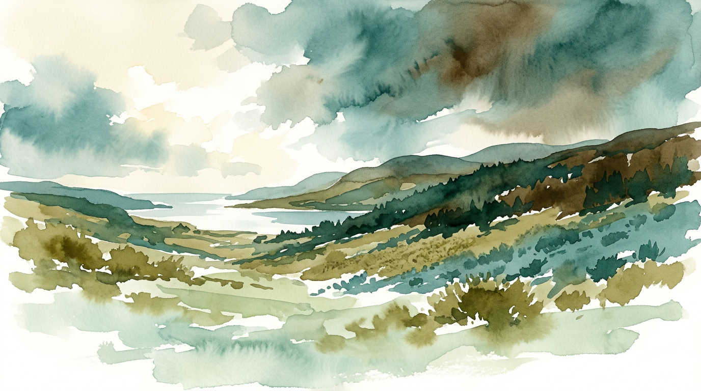Loose watercolour of a west-coast peninsula with a sea loch, slopes rising through scrub to dark woodland under storm light