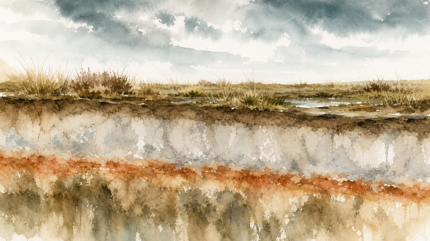 Watercolour cross-section of a degraded upland soil showing thin acid topsoil, a bleached grey layer and a rusty iron-pan line