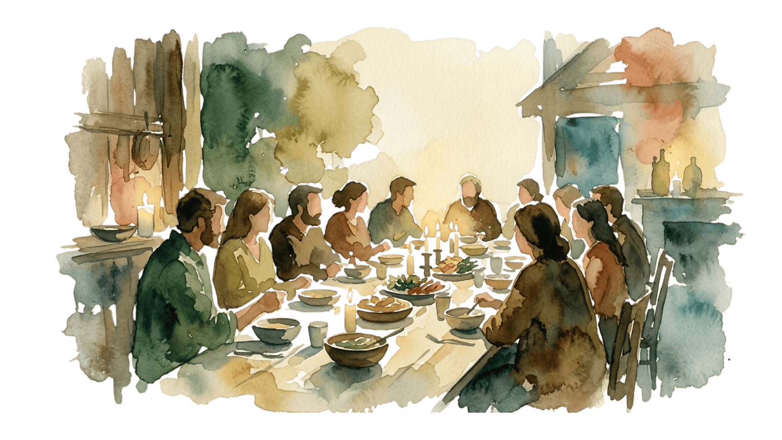 A long table of people sharing a meal together by candlelight