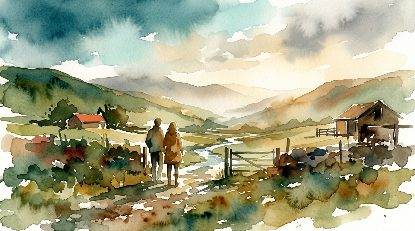 A solitary figure stands at an open gate, looking out across an upland valley under shifting weather