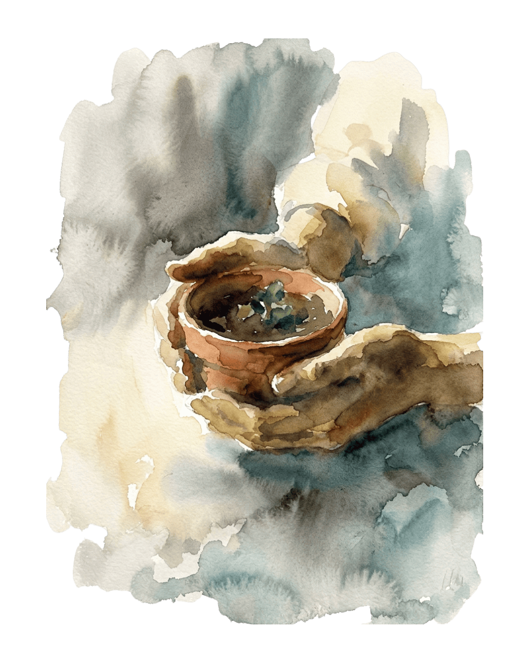 A pair of hands cupping a small pot with a seedling beginning to grow