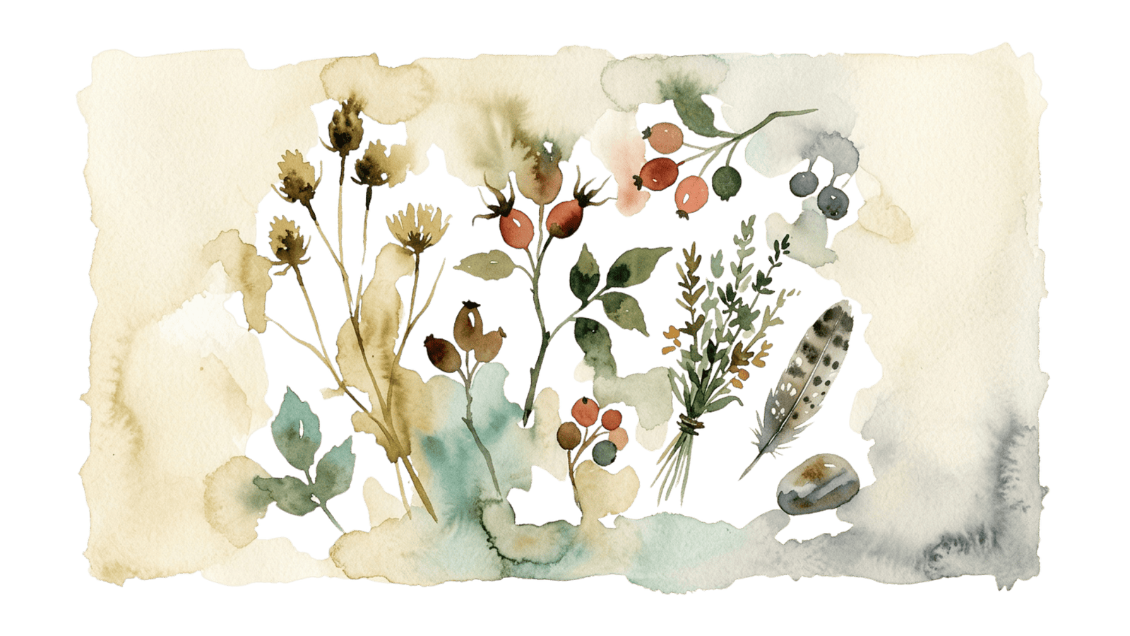 A pressed-specimen study of seedheads, rosehips, herbs, a feather and a pebble