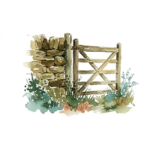 Watercolour dry-stone wall with an open field gate