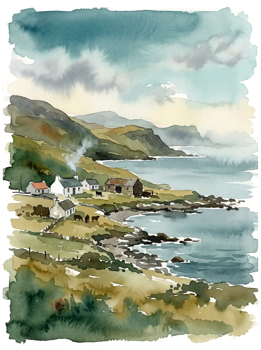 Watercolour of a coastal croft township, cattle grazing above the shore beneath hills and shifting weather