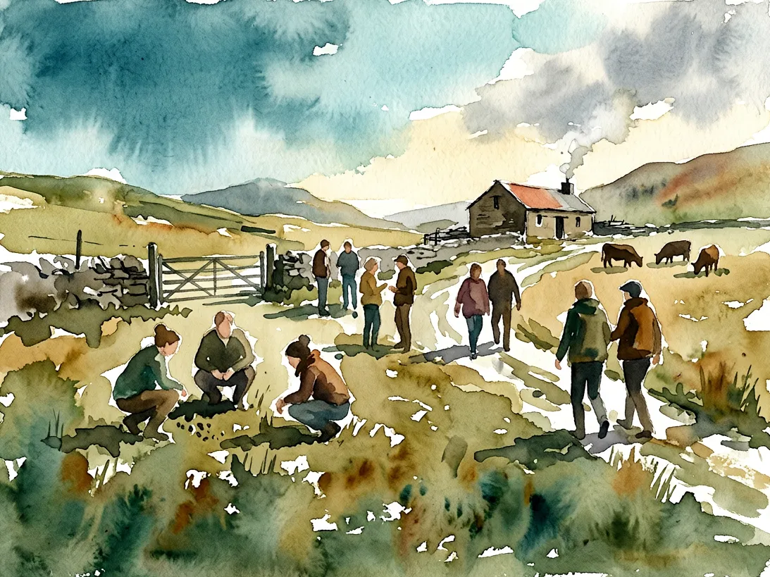 Watercolour of a community gathered on moorland, some crouching to examine the ground, a croft and cattle beyond