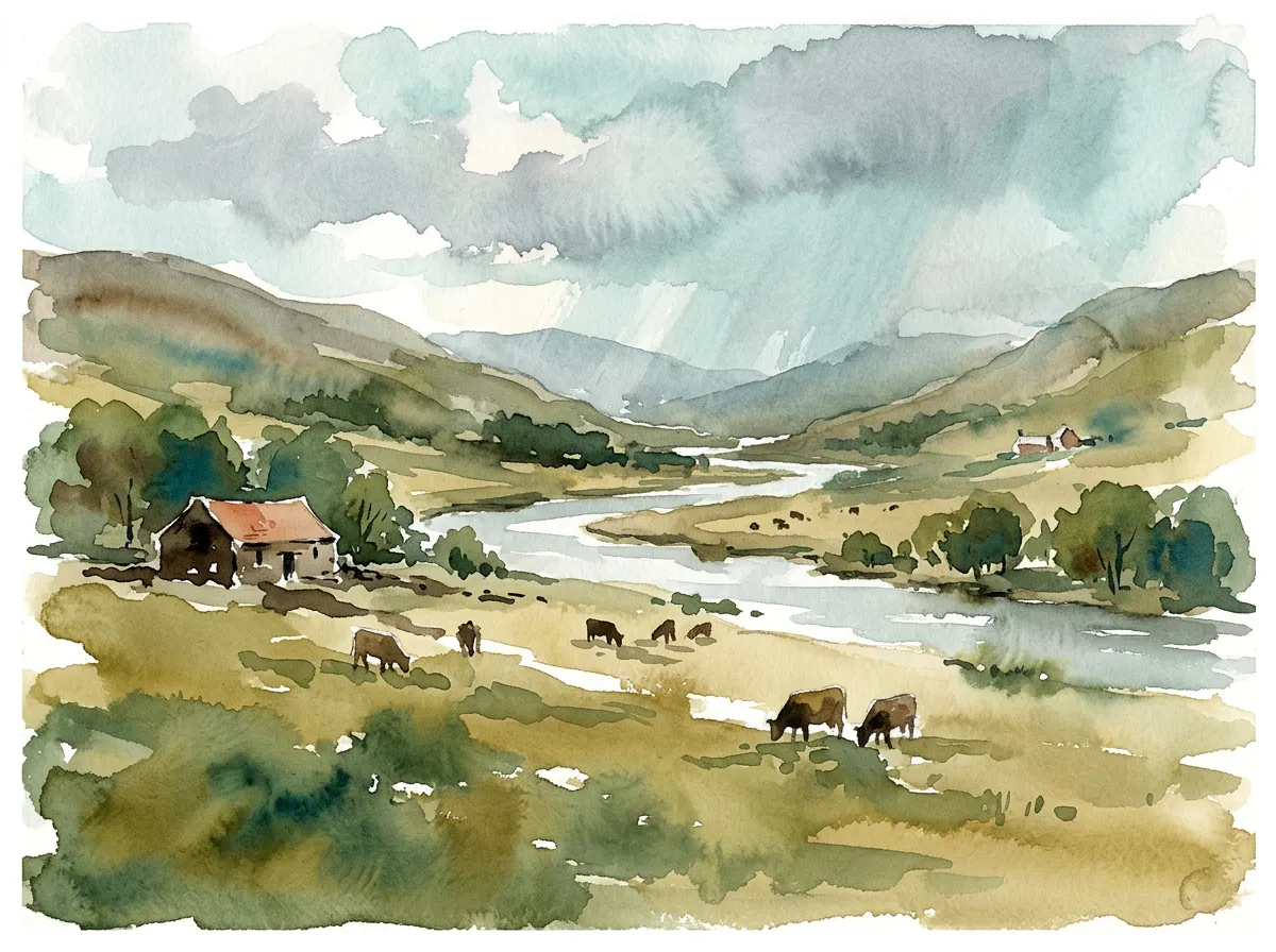 Watercolour of a river strath with cattle grazing, farmstead and rain sweeping over the hills