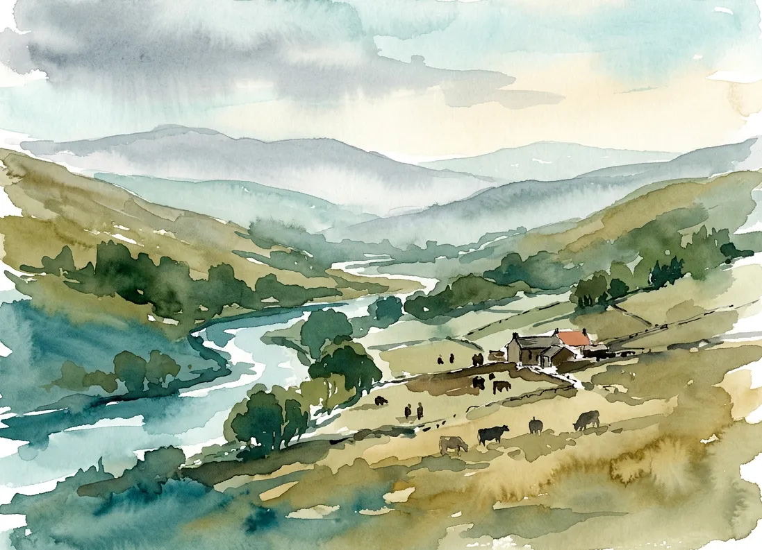 Watercolour of a river strath with a farmstead and grazing cattle, ranges of hills receding into haze