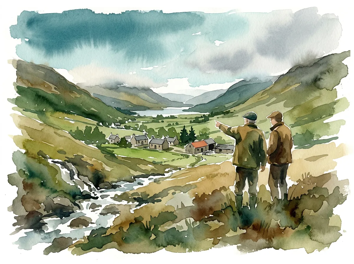 Watercolour of two figures on a hillside looking out over a hamlet, burn and loch in the glen below