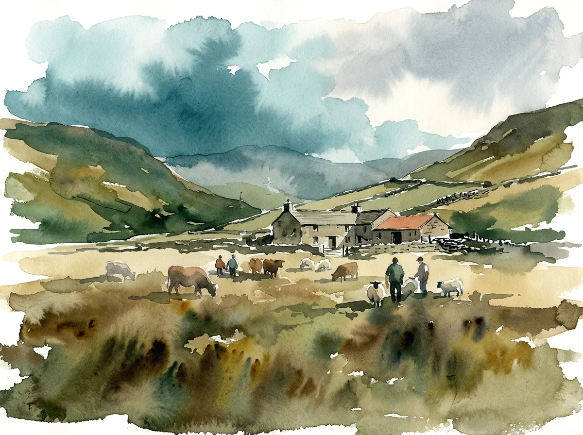 Watercolour of an upland farmstead with cattle and sheep grazing, farmers at work, fells and gathering weather beyond