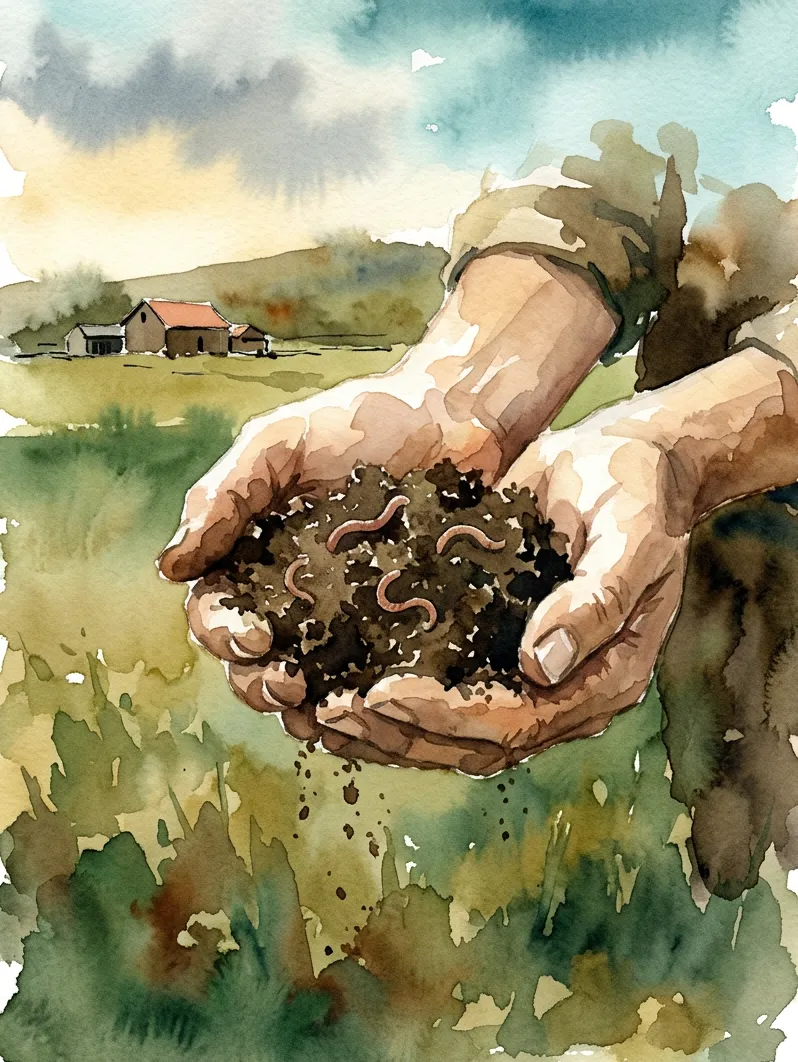 Watercolour of cupped hands holding dark soil and earthworms, a farmstead beyond