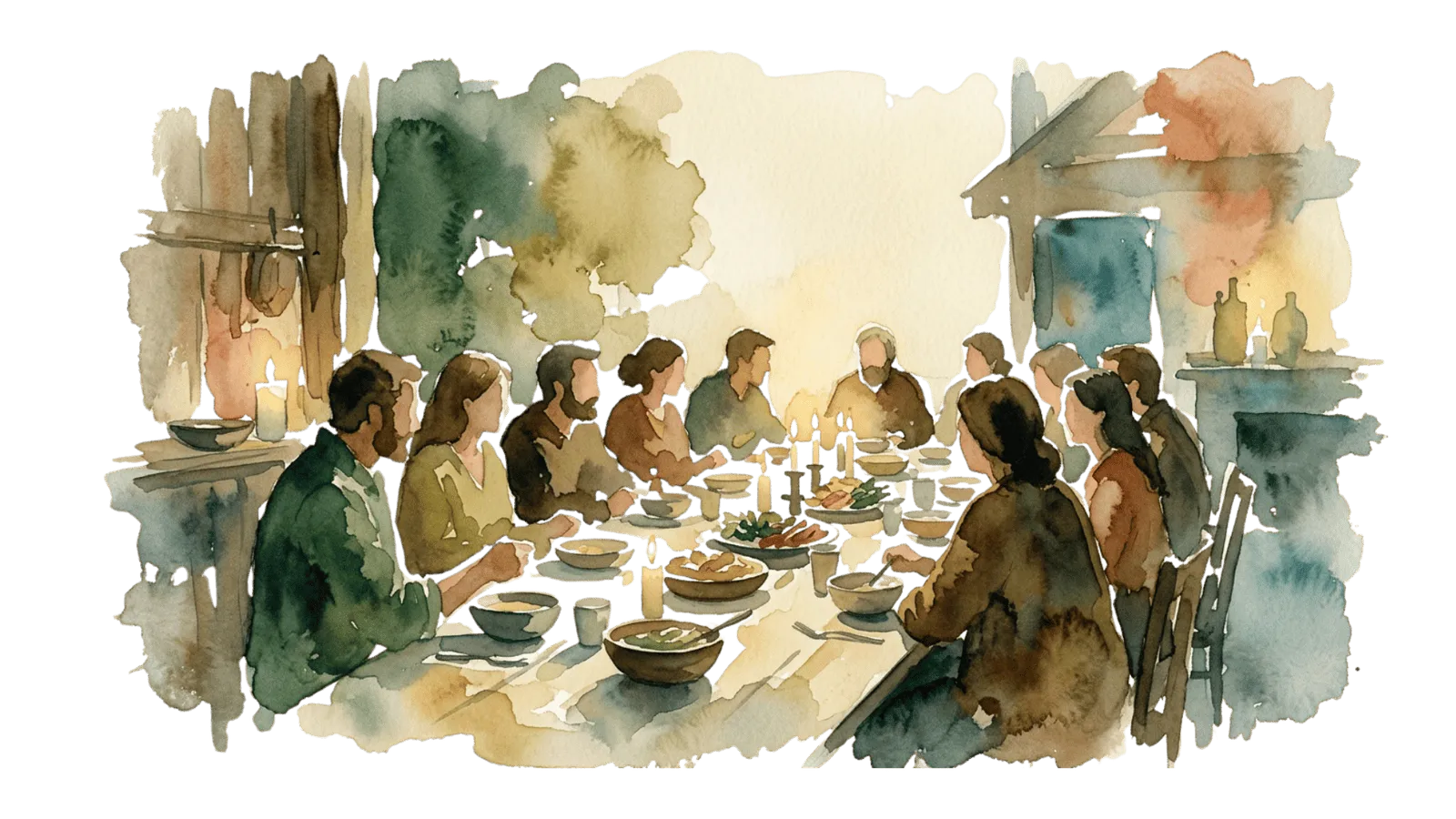 Watercolour of a community gathered around a shared table