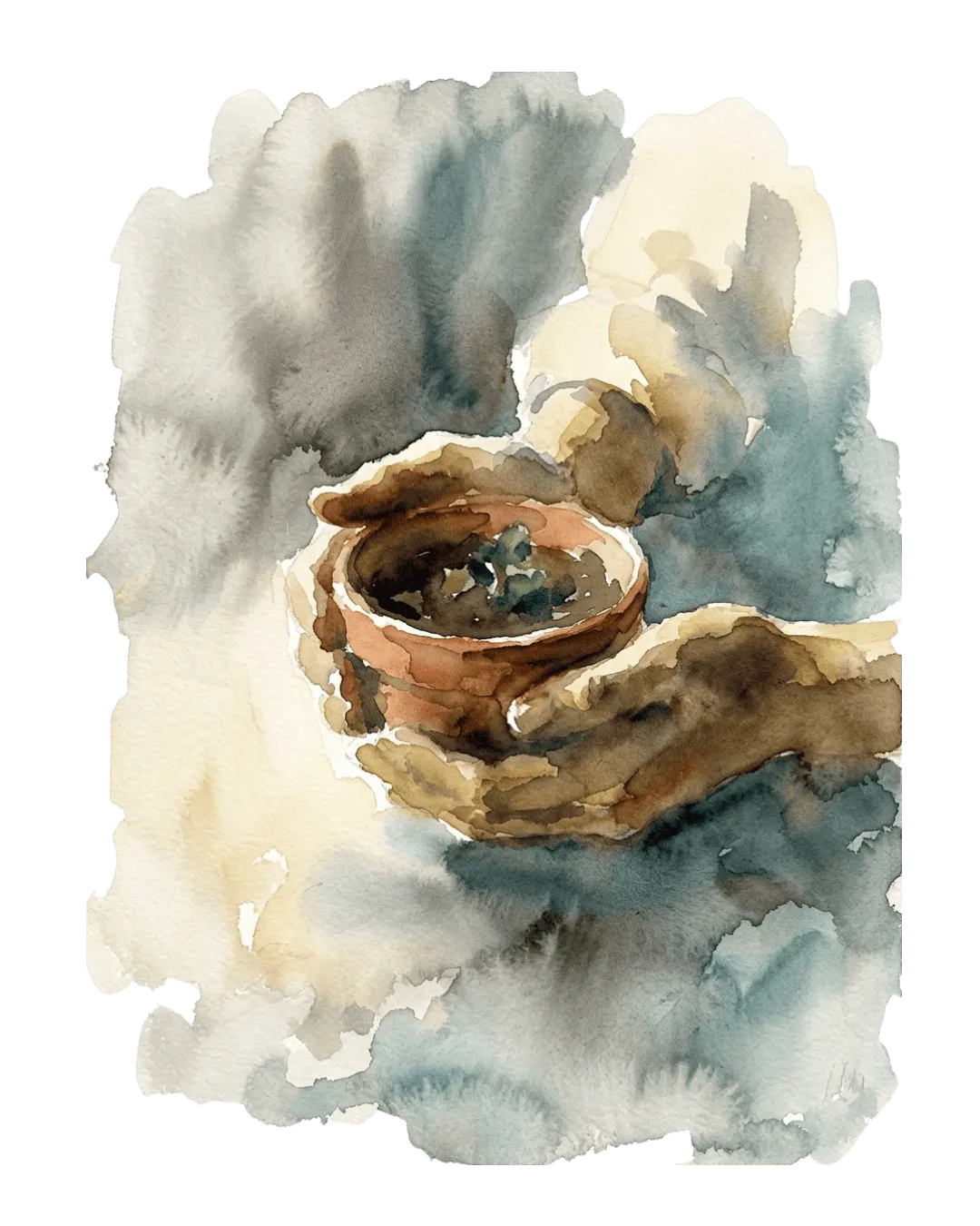 A pair of hands cupping a small pot with a seedling beginning to grow
