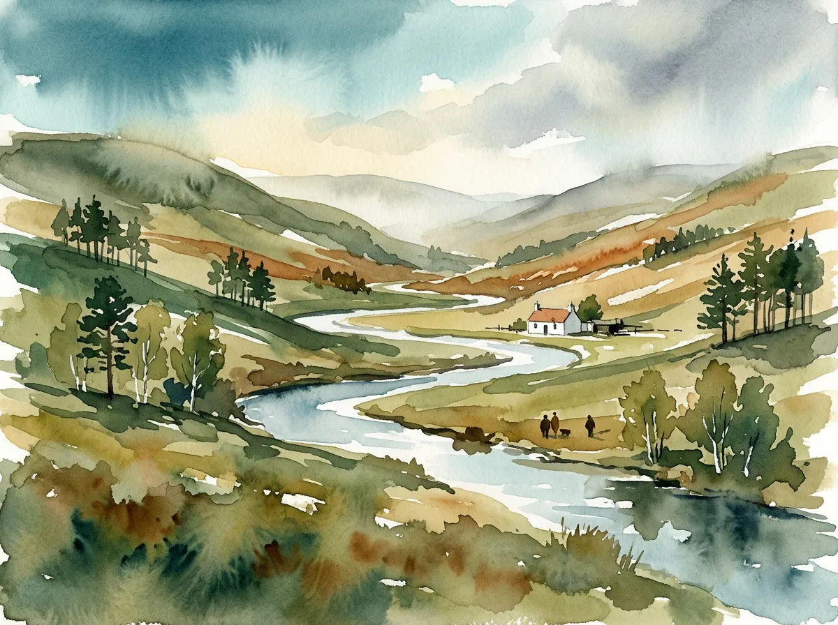 Watercolour of a wide upland strath, river winding past a farmstead beneath hills