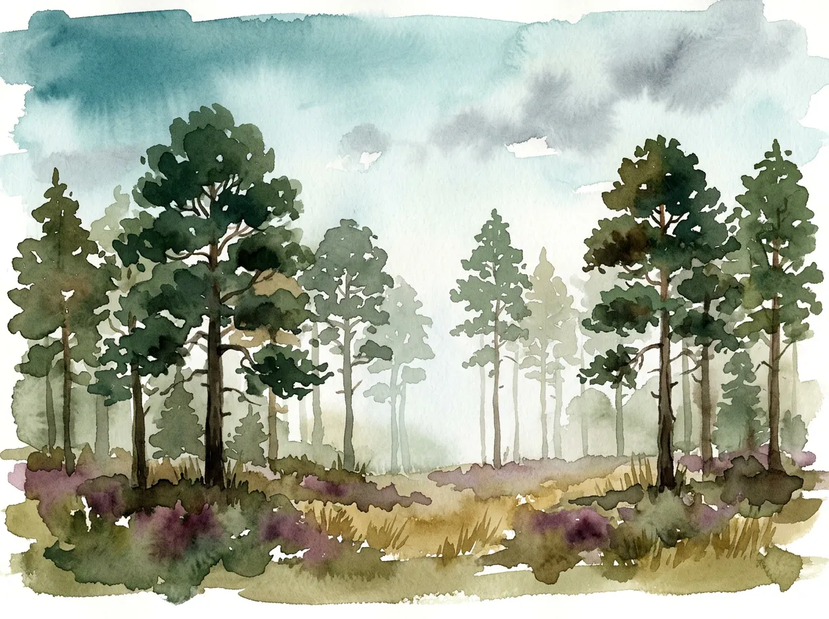 Watercolour of an open pine wood over heather and rough grass